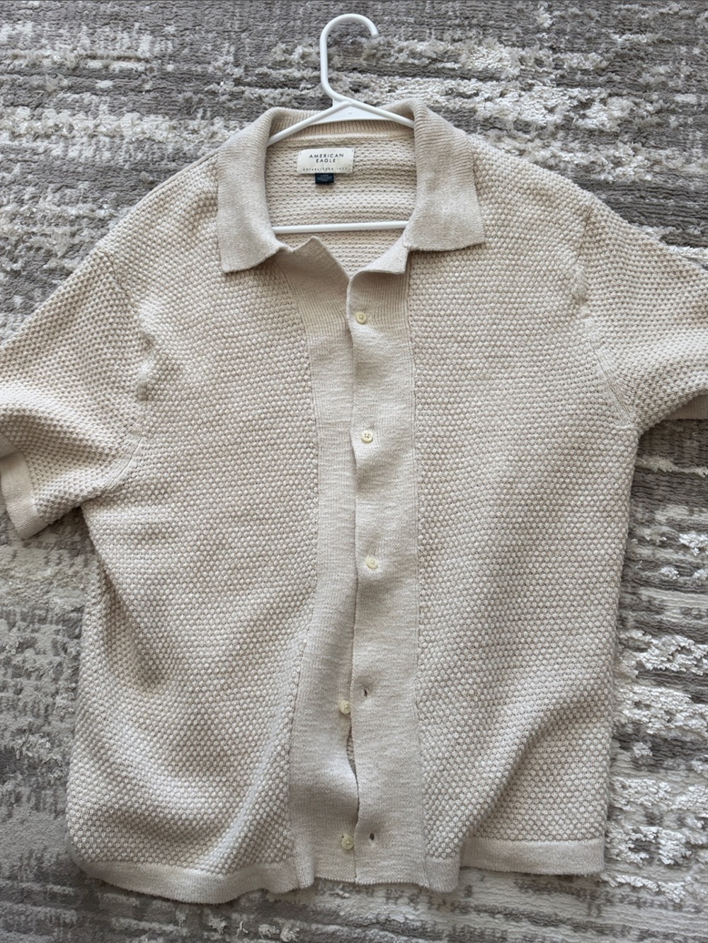 American Eagle Outfitters Cream Textured Short-Sleeve Polo